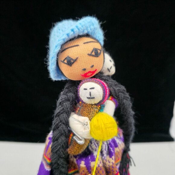 Handcrafted Latin American Rag Cloth Doll 2 Babies and Spinning Spool Yarn 11" - Picture 2 of 7